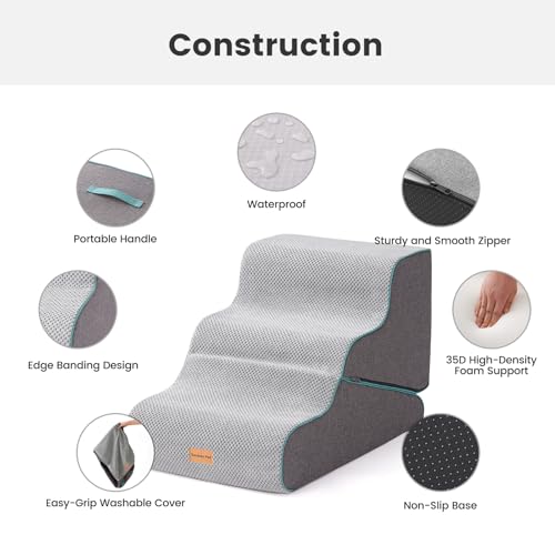 Gardner Pet 2-in-1 Dog Steps for Bed, Adjustable 3-Steps High Density Foam Dog Ramp for Sofa, Water Resistant Pet Stairs with Non Slip Bottom, Suitable for Puppy, Small Animals, Grey