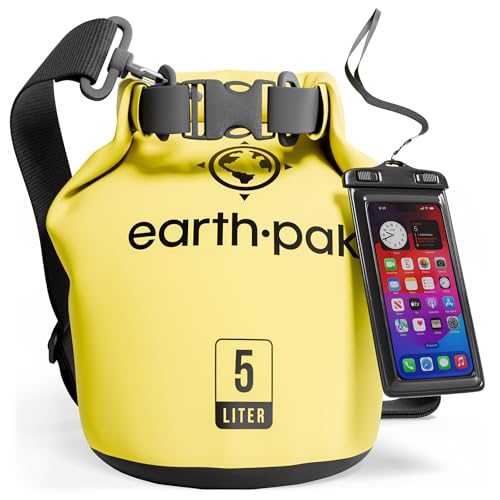 Earth Pak – Wasserdichter Packsack mit Schultergurt und wasserfester Handyhülle – Ideale Rolltop Tasche beim Kajak Fahren, Wandern, Camping, Angeln, B