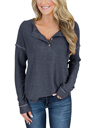 PRETTODAY Women's Long Sleeve Henley Tops Button Down Pullover Blouse (Medium, Navy)