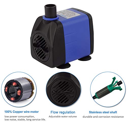 YCTECH 8W 158GPH Submersible Water Pump for Pond, Aquarium, Fish Tank Fountain Water Quiet Pump Hydroponics, with 2 Nozzles for Pond (8W 158GPH)