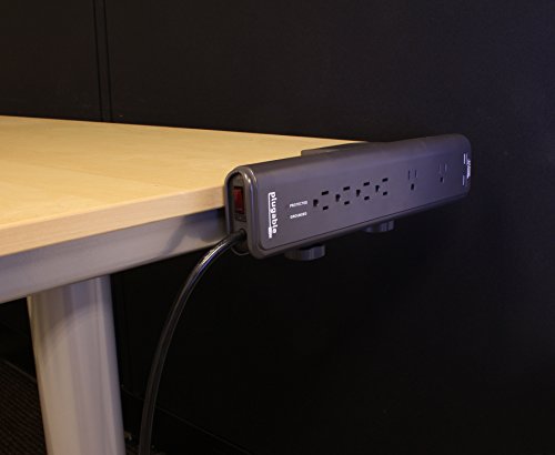 Plugable 6 AC Outlet Surge Protector with Clamp Mount for Workbench or Desk. Built-In 10.5W 2-Port USB Charger for Android, Apple iOS, and Windows Mobile Devices
