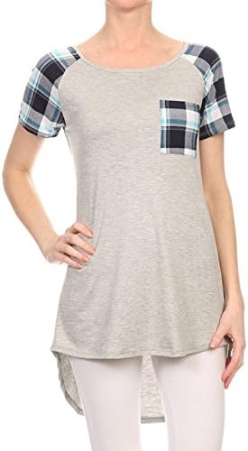 Women's Plaid Short Sleeve Contrast Tunic Top Large Gray/Blue