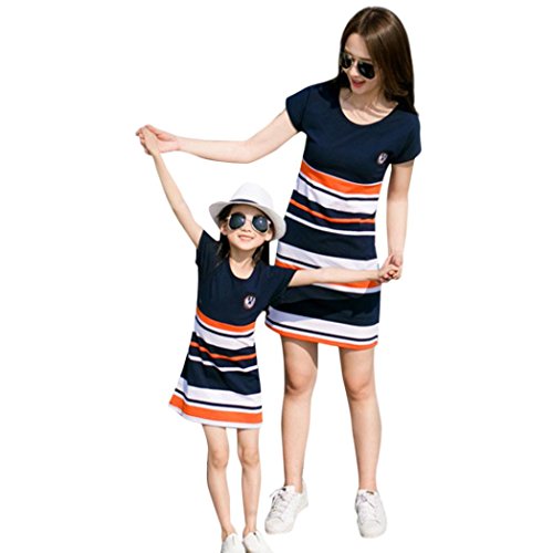 Lurryly Momï¼†Me Lady Daughter Mother Striped Print Family Short Sleeve Matching Dress Clothes (Size:XL,Waist:94cm/37.0", Adult only)