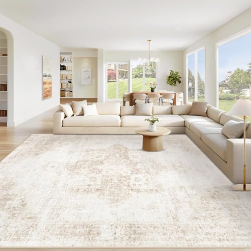 VECARF Area Rug 8x10 Washable Rug, Vintage Boho Medallion Rugs Non-Slip Soft Low Pile Large Distressed Rug Indoor Retro Carpet for Living Room Bedroom Dining Room Office Children's Room(Beige, 8'x10')