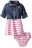 U.S. Polo Assn. Baby Girls' Striped Knit Skater Dress with Chambray Shirt-Jack, Pink Lemonade, 12 Months
