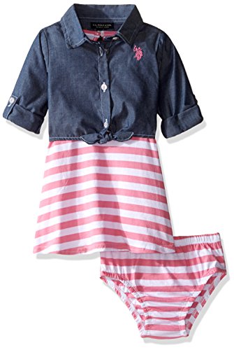 U.S. Polo Assn. Baby Girls' Striped Knit Skater Dress with Chambray Shirt-Jack, Pink Lemonade, 12 Months