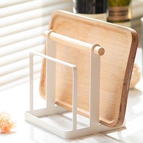 Chopping Cutting Board Holder Rack Pantry Organizer Display for Kitchen Cutting Board/Dish/Plate/Knife/Lid Stainless Steel and Wood Handle 2-Compartment