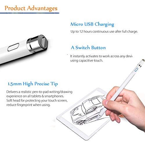 Active Stylus Digital Pen for Touch Screens, AHNR Stylus Touch Screen Pens Fine Point Active Smart Digital Pencil for iPad and Most Tablet with Fine Point Rubber Tips - Thumbnail 2