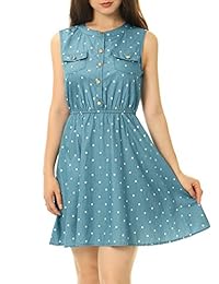 Allegra K vestido de mezclilla sin mangas con lunares y cintura por encima de la rodilla para mujer