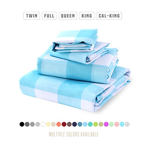 Luxe Bedding Sets - Microfiber Full Sheet Set 4 Piece Bed Sheets, Pillow Cases, Flat Sheet, Deep Pocket Fitted Sheet Set Full Size - Gingham Sky Bluey Blue