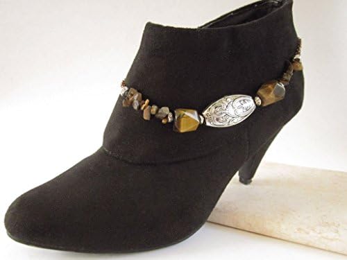 Silver Etched Concho Western Style Brown Tiger Eye Gemstone Boot Bracelet Chain Adjustable 15 Inches