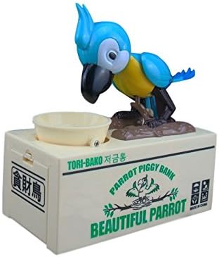 Taumini Parrot Automatic Stole Coin Money Box for Children Christmas Birthday Gift Hungry Parrot Robotic Bird Piggy Bank For Coins Dog Coin Bank Home Decoration for kids (Blue Parrot)