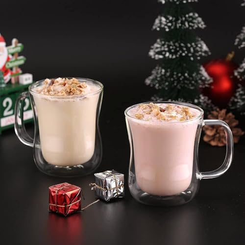 ecooe 2x350ml Double Walled Coffee Glasses Mugs Cappuccino Latte Macchiato Glasses Cups with Handle Borosilicate Heat Resistant Glass Cups for Coffee Tea Milk Juice Ice Cream