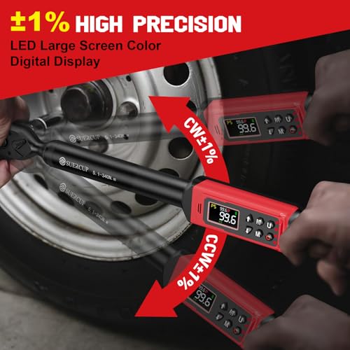 SUERCUP 1/2" Drive Digital Torque Wrench, 3.8-250.8Ft.Lb/5.1-340Nm, ±1% Accuracy, Electronic Torque Wrench with Vibration/Buzzer/LED, 9 Presets & 5 Units, for Lug Nuts, Suspension, Brakes & Moto