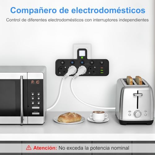 Soquetes Thief 8 em 1 com interruptor independente, luz noturna, ficha Thief flat USB C, múltiplas tomadas 2500W com 4 tomadas AC, fita de parede para escritório, cozinha, preta — foto 3 de 6