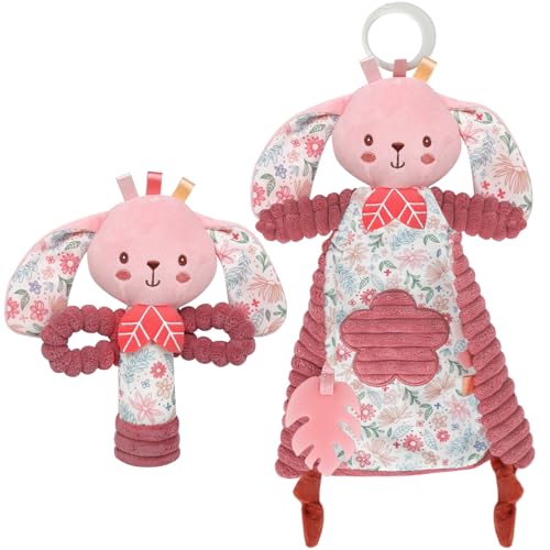 Baby Lovey Rabbit Stuffed Animal for Baby Boys and Girls, Security Blanket and Hand Shaker Set Newborn Stuffed Hanging Animal Plush Snuggle Toy