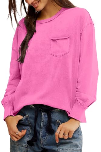 ALLIMY WOMENS CASUAL SPRING FASHION 2025 LONG SLEEVE TOPS TUNIC TOPS PULLOVER CREWNECK SWEATSHIRTS ACTIVE POCKET TEE SHIRT CLOTHES FOR WOMEN TEEN GIRLS TRENDY DISTRESSED TSHIRTS HOT PINK US 20 22