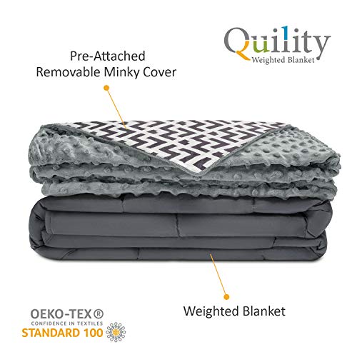 Quility Premium Adult Weighted Blanket & Removable Cover | 20 lbs | 60"x80" | for Individual Between 190-240 lbs | Full Size Bed | Premium Glass Beads | Cotton/Minky | Grey/Chevron Print