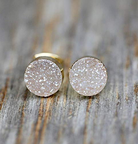 Beige Natural Druzy Quartz Gemstone Stud Earrings - Real Drusy Quartz- 8mm