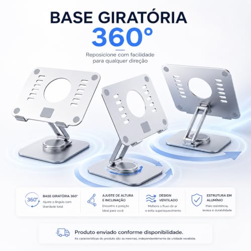 Suporte para Notebook Ajustável em Alumínio com Giro 360°, Base Antiderrapante, Dobrável, Ergonômico, Compatível com Notebook, MacBook e Tablet até 17"