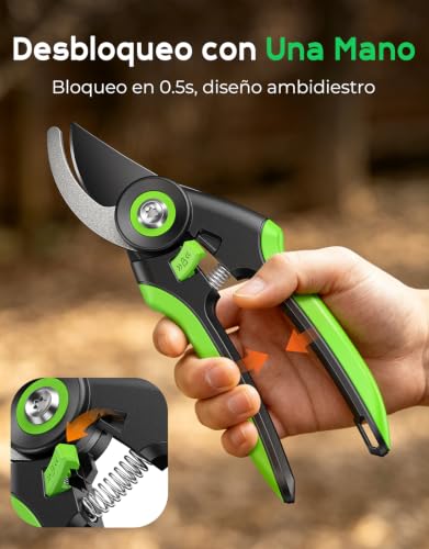 Rolgno Tijeras de Podar, Alta Resistencia Acero SK5, Revestimiento PTFE | Tijeras Jardineria Ahorra Esfuerzo, Desbloqueo a Una Mano en 0.5s, Mango Ergonómico, para Ramas Frescas de 20mm