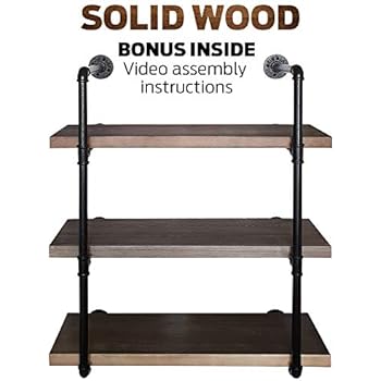 Rusver Industrial Pipe Shelving for Home Organizer Storage, 37.5 inches 3 Tier Shelf, Metal Bookcases Furniture, Real Solid Canadian Wood Retro Brown