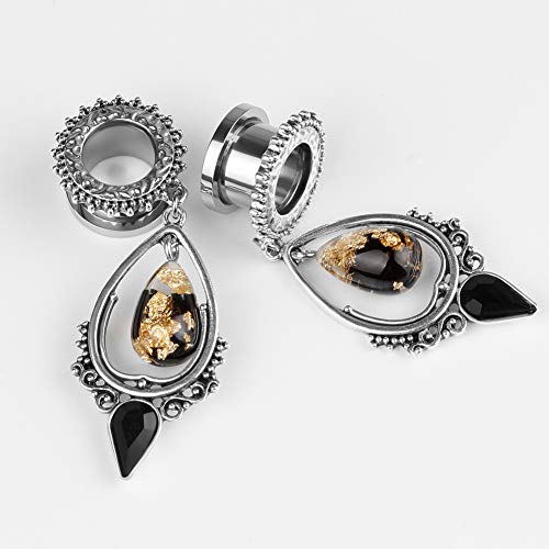 TBOSEN Stainless Steel Teardrop Black Obsidian Stone Large Dangle Bridal Plug Ear Gauges Stretching Tapers Screw Fit Tunnels