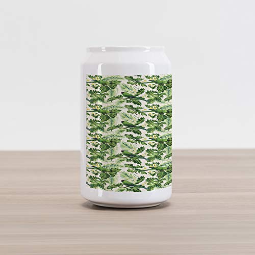 Lunarable Green Cola Can Shape Piggy Bank, Exotic Tropic Pattern with Palm Leaves Breadfruits Plumeria Flowers and Parrots, Ceramic Cola Shaped Coin Box Money Bank for Cash Saving, Lime Green Cream