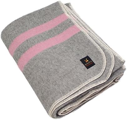 Thick Alpaca Wool Blanket (Queen, Light Gray - Pink Stripes)