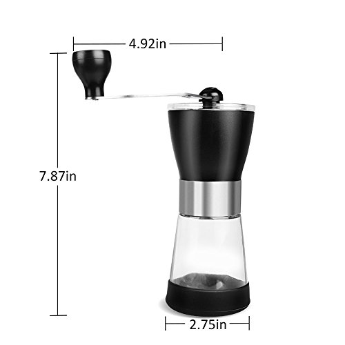 AZFUNN Manuel Coffee Grinder, Portable Coffee Bean Hand Grinder Ceramic Burr Spice Herb Pepper Mill with Glass Jar for Home and Travel, 1.4 Ounce, Black Silver