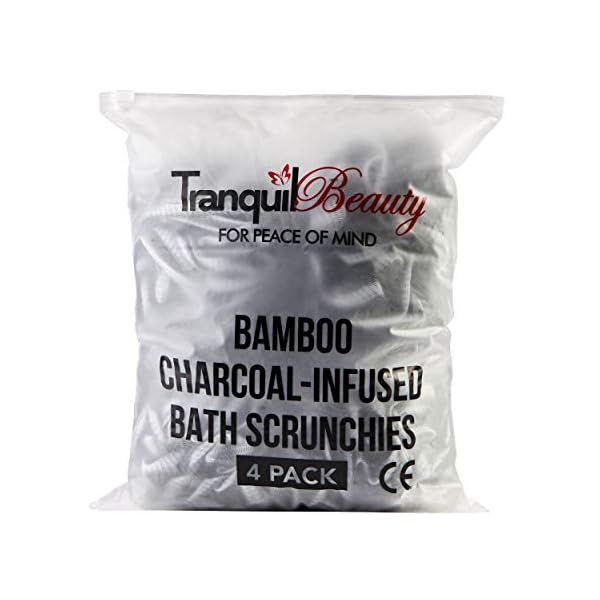 TranquilBeauty-Bath-Loofah-Shower-Scrunchie-Set-of-4-Black-Mesh-Shower-Puffs-Exfoliating-Charcoal-Shower-Scrub-Shower-Pouf-For-Body-Back-Luxury-Shower-Sponge-Body-Puff-Bathing-Accessory TranquilBeauty Shower Sponge/Shower Puff - Set of 4 Sponges Bath - Gently exfoliate your body with our bath sponge for…