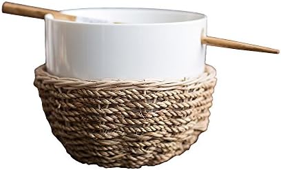 DOKEFUL Noodle Soup Cereal Bowl Set with Chopsticks and Rattan Bowl Holder Dishwasher Microwave Safe (22.9 oz)