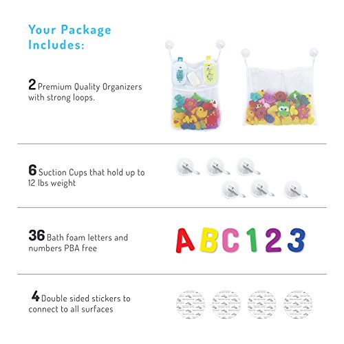 Comfylife 2 x Mesh Bath Toy Organizer + 6 Ultra Strong Hooks + 36 Bath Letters – Eco-Safe, Fun, Educational Foam Baby Bath Letters and Perfect Toy Storage Net for Baby Bath Toys & More