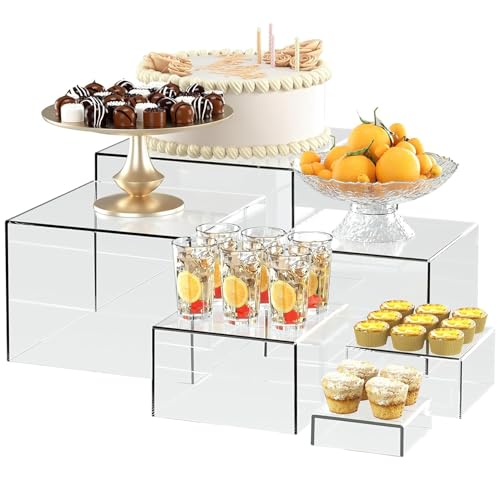 6Pcs Acrylic Boxes for Display Buffet Food Risers and Stands, Display Table Stand Shelf with Hollow Bottoms for Party Catering Dessert Jewelry Collectibles, Clear