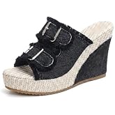 Denim Wedge Slide Mules with Buckle Detail Espadrille Platform for Women | Frayed Wide Band Open Toe Slip-On Wedges with Padded Footbed for Vacation Beach Casual Summer Wear
