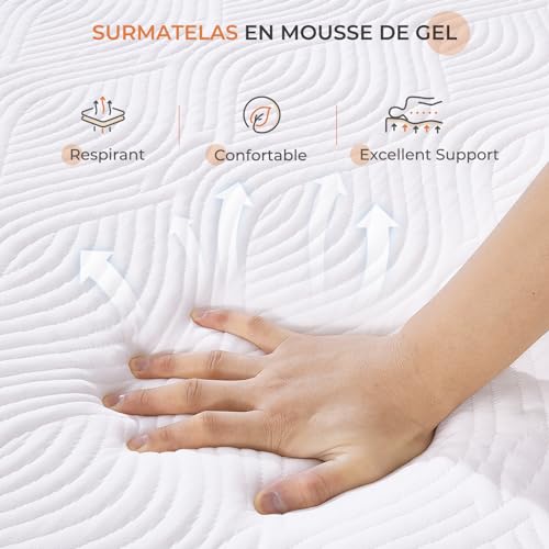 Sweetnight Gel Memory Foam Mattress Topper, 140 x 190 x 10 cm, Double Mattress, Soft, Cohesion, White