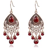 Bohemian Retro Chandelier Earrings Vintage Red Crystal Teardrop Tassel Dangle Jewelry for Women Mexico Gypsy Charms