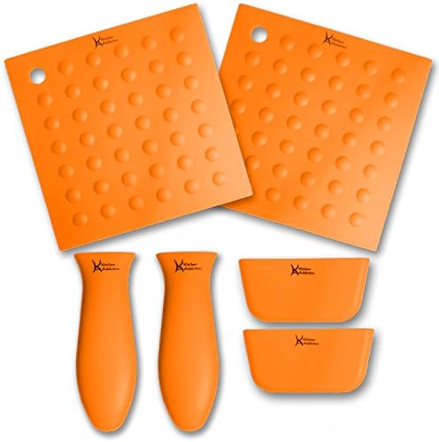 Kitchen Addiction 6 Piece Silicone Kitchen Set 2 Hot Handle Holder Sleeves, 2 Trivet/Potholder/Grippers, 2 Assist Handles Set (Orange)