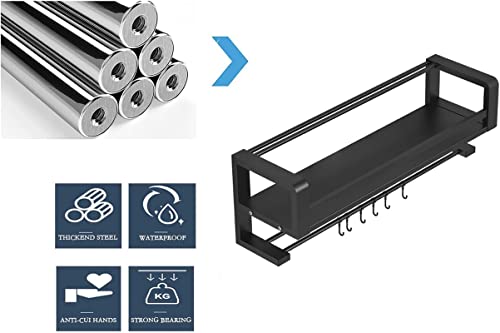 Spice Rack Organizer Wall Mounted 2 Tier, Floating Shelves Black, Wall Shelf for Bedroom, Wall Decor, Living Room, Kitchen Storage, Bathroom Shelves Over Toilet with Towel Rack Guardrail Holder Hook