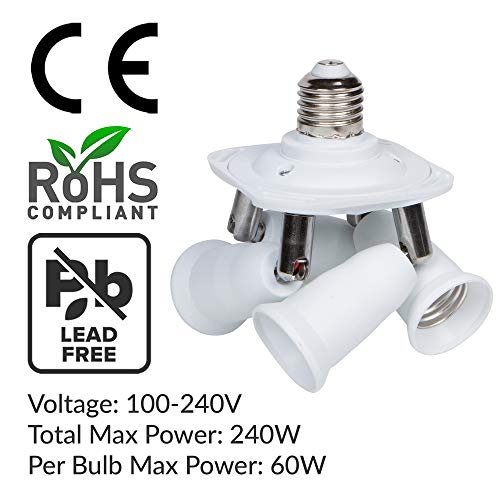 Simba Lighting E26 Light Bulb Socket Adapter Splitter to 4 Heads White Finish with Fully Adjustable Angles for Wide Coverage, Indoor and Outdoor Use for Ceiling Light or Lamp, Medium Screw Base