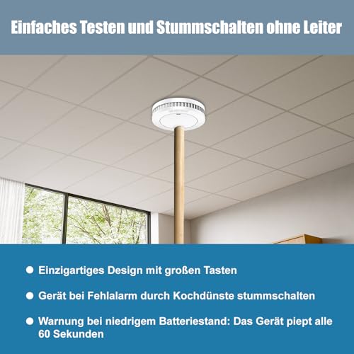Smoke Detector, 10 Year Battery with Magnetic Holder, No Drilling, TÜV Rheinland Certified Fire Alarm without Flashing, Flat Smoke Detector, Fire Detector, Mute Function, EN14604, Set of 6