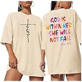 Tewmeu Oversized Christian Tshirts for Women God is Within Her Tops Jesus Faith Shirts Bible Verse Inspirational Graphic Tees