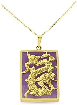 14K Yellow Gold Genuine Natural Lavender Jade Dragon Pendant With Square Box Chain Necklace