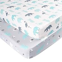 BORITAR Crib Sheets Soft Stretchy Jersey Knit 2 Pack, Semi-Waterproof Portable Mattress Covers for Boys with Blue Animal Printed, Grey and White