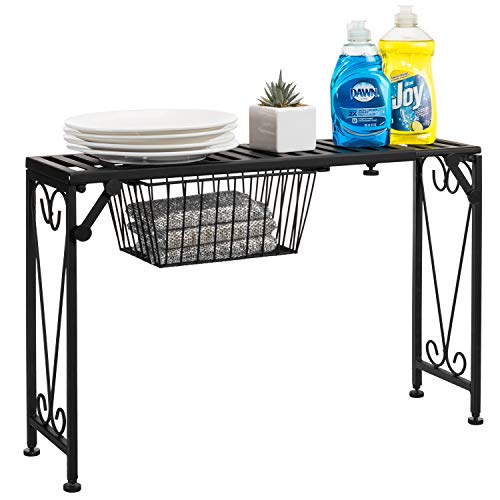 MyGift Black Metal Over The Sink Organizer Shelf with Pull Out Drawer ...