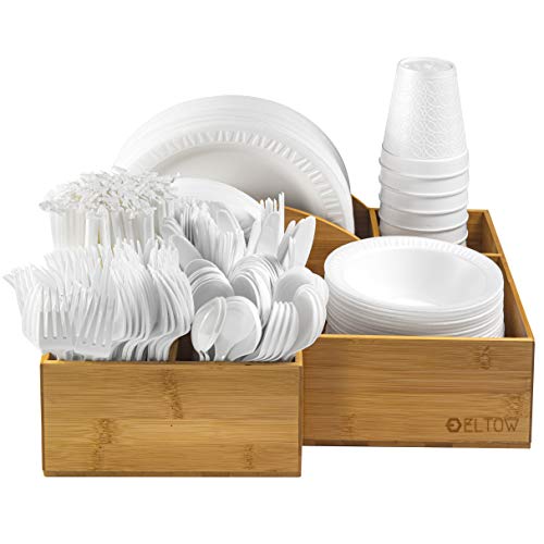 Eltow Bamboo Plate and Cutlery Organizer: Large Kitchen Spoon, Fork, Knives and Cups Holder - Stylish and Sturdy Bowl, Napkin and Tableware Dispenser - Home, Restaurant, BBQ and Picnic Plate Organizer