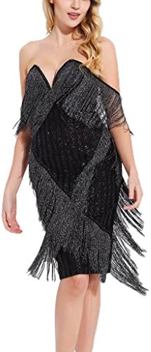 S Curve Sequin Mesh Evening Party Clubwear Off Shoulder Strapless Tassel Fringe Bandage Bodycon Dress