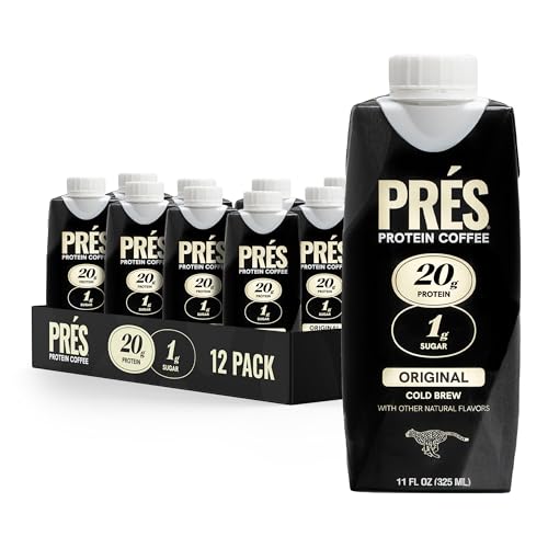 PRES Protein Coffee, Original, High Protein, Real Cold Brew, 20g Protein, 1g Sugar, 100 Calories, Protein Snacks, No Added Sugar, Coffee, Breakfast, Protein, Kosher, Soy Free, Nut Free, Non-GMO, Low Carb (12 Pack)