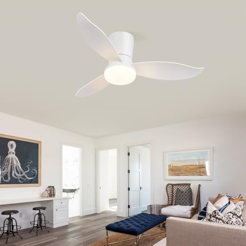 Homefire Ventilador de techo luz - Ventilador de techo silencioso de 3 aspas con luz, blanco, brillo ajustable, 6 velocidades, control remoto Lámpara de techo para dormitorio o cocina