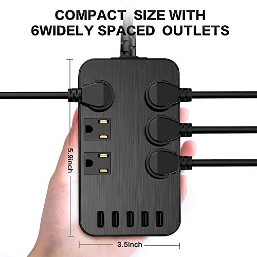 Power Bar Surge Protector - 6-Outlet Surge Protector with 5 USB Ports Fast Charging (4.8A) UL Listed, 6Ft Long Extension Cord Flat Plug Wall Mountable, 1700 Joules for iPhone iPad Home Dorm Office Laptop Computer